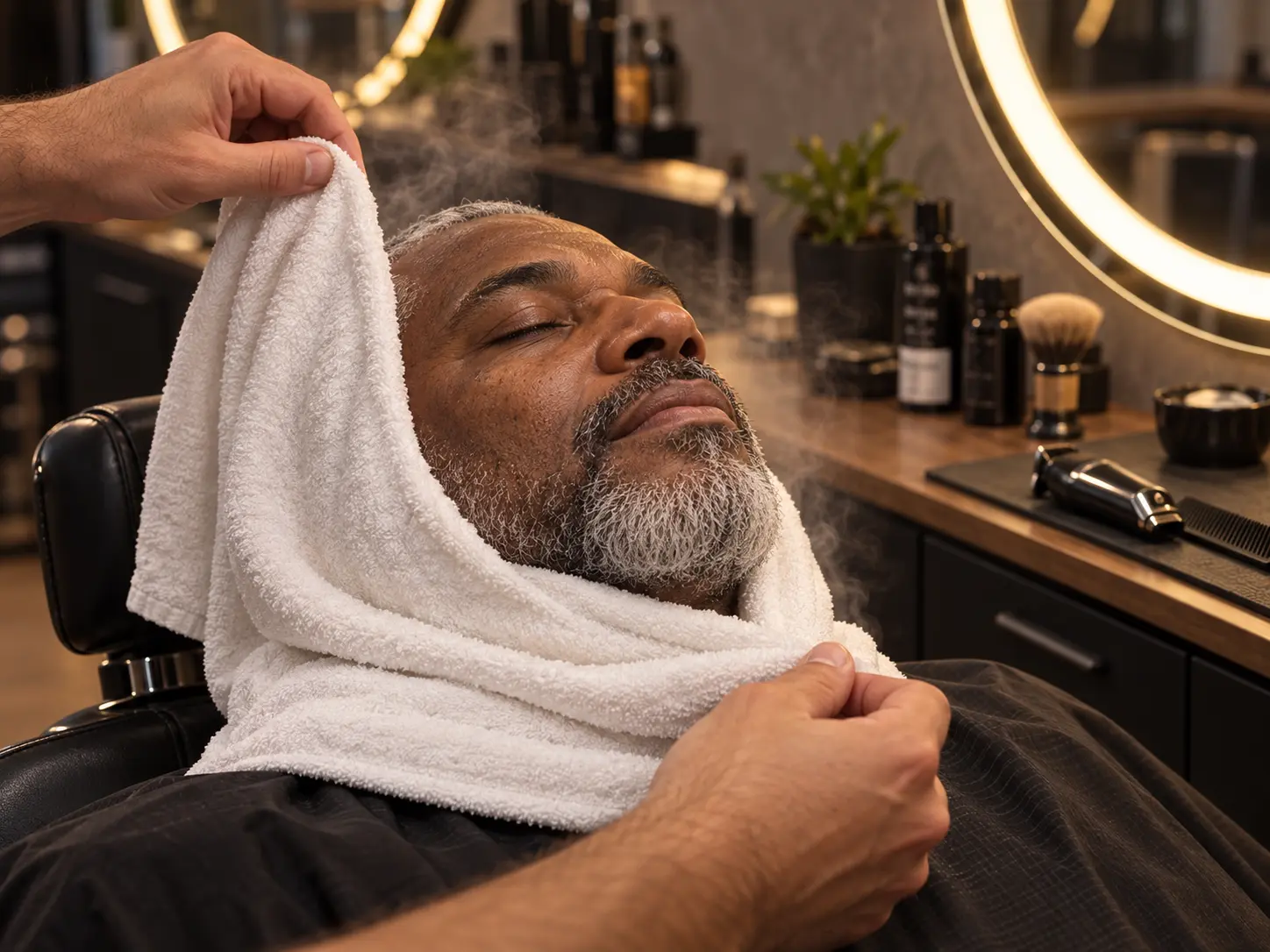 Forró törölközős szakállkezelés a barberszékben