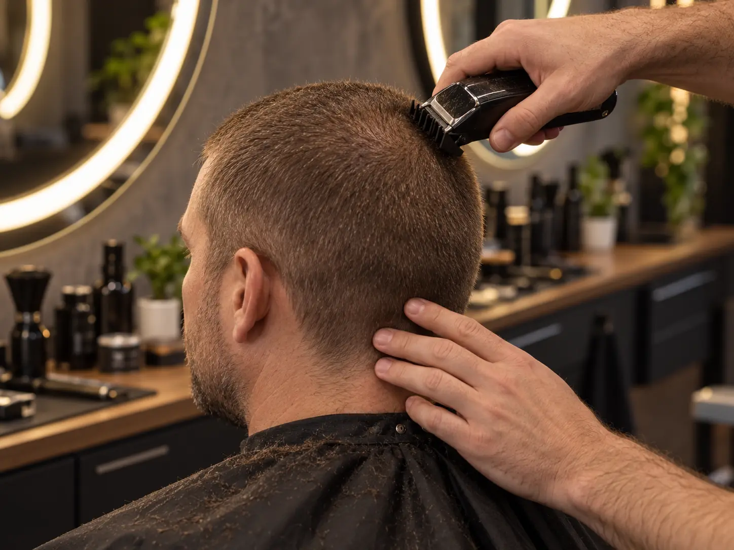 Egyhossz gépi hajvágás rövid tarkóval a barber székben