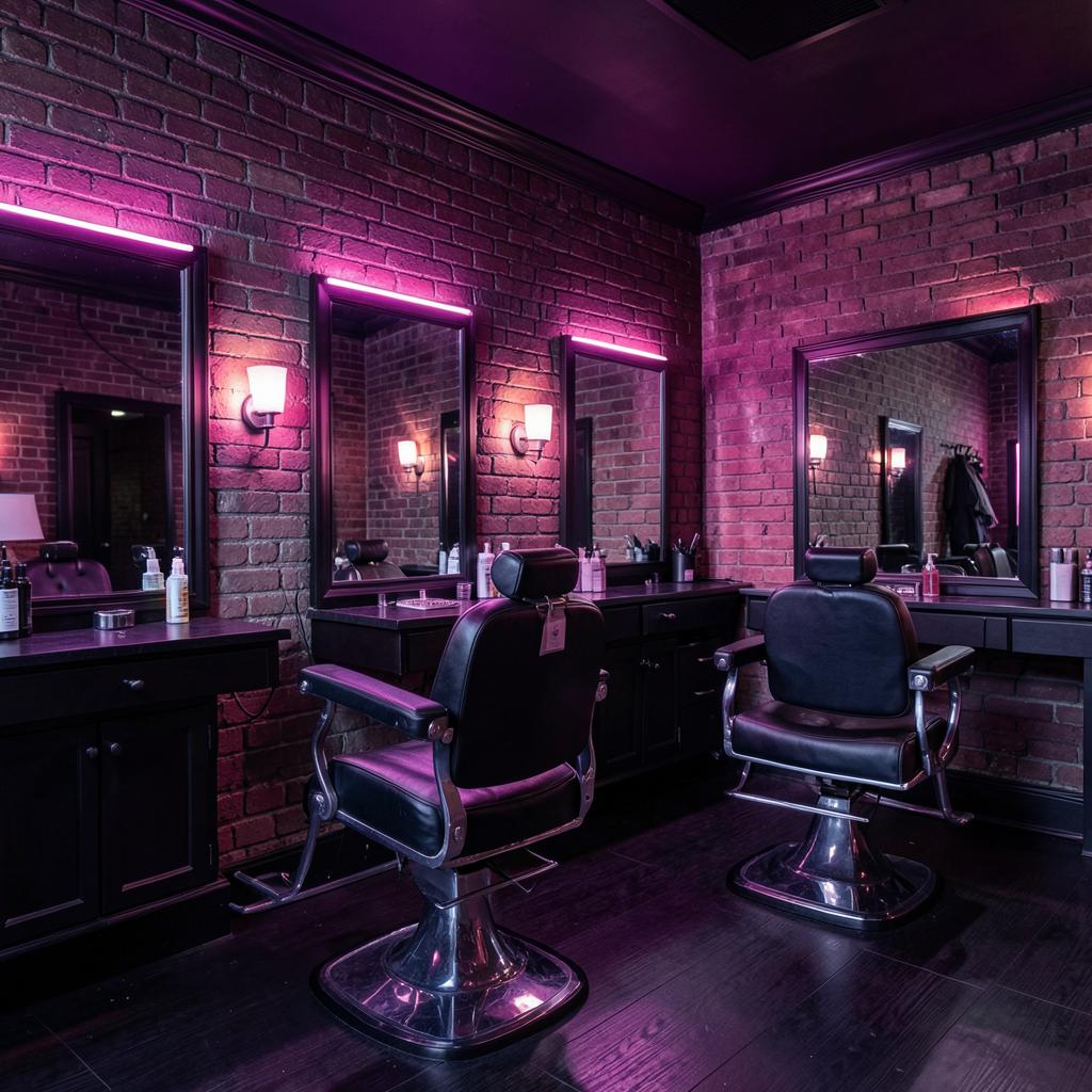 A Csík Brothers barber shop belső tere téglafallal és pink neonnal