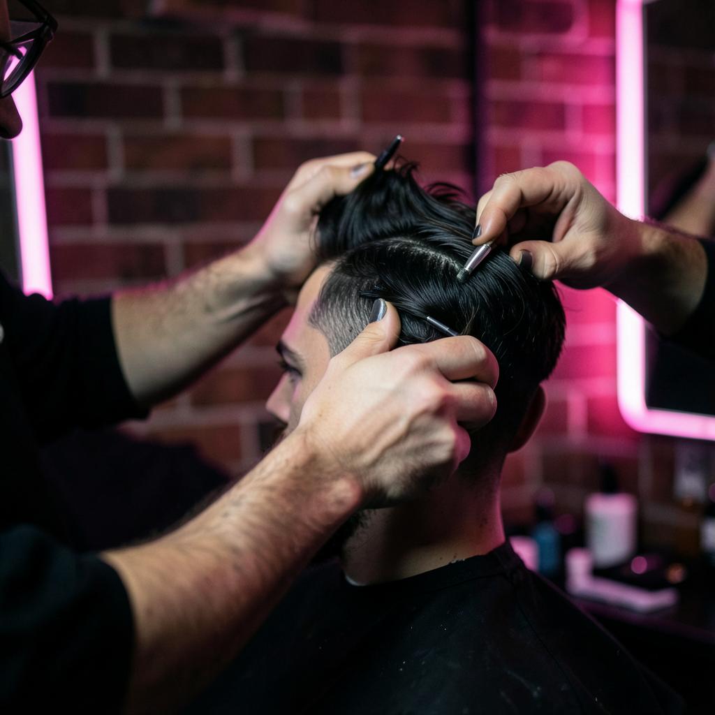 Styling munka közben a barber székben