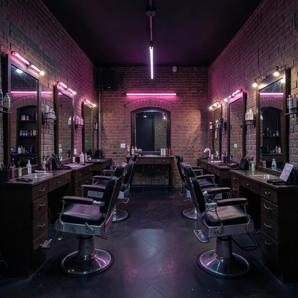 Tágas barber terem téglafallal és pink neoncsövekkel
