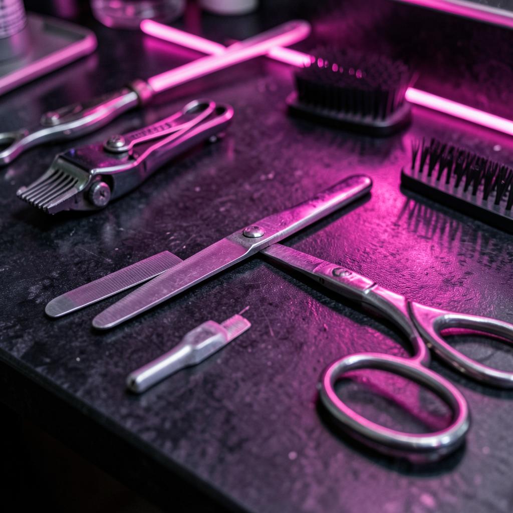 Olló, gép és borotva a barberpulton neonfényben